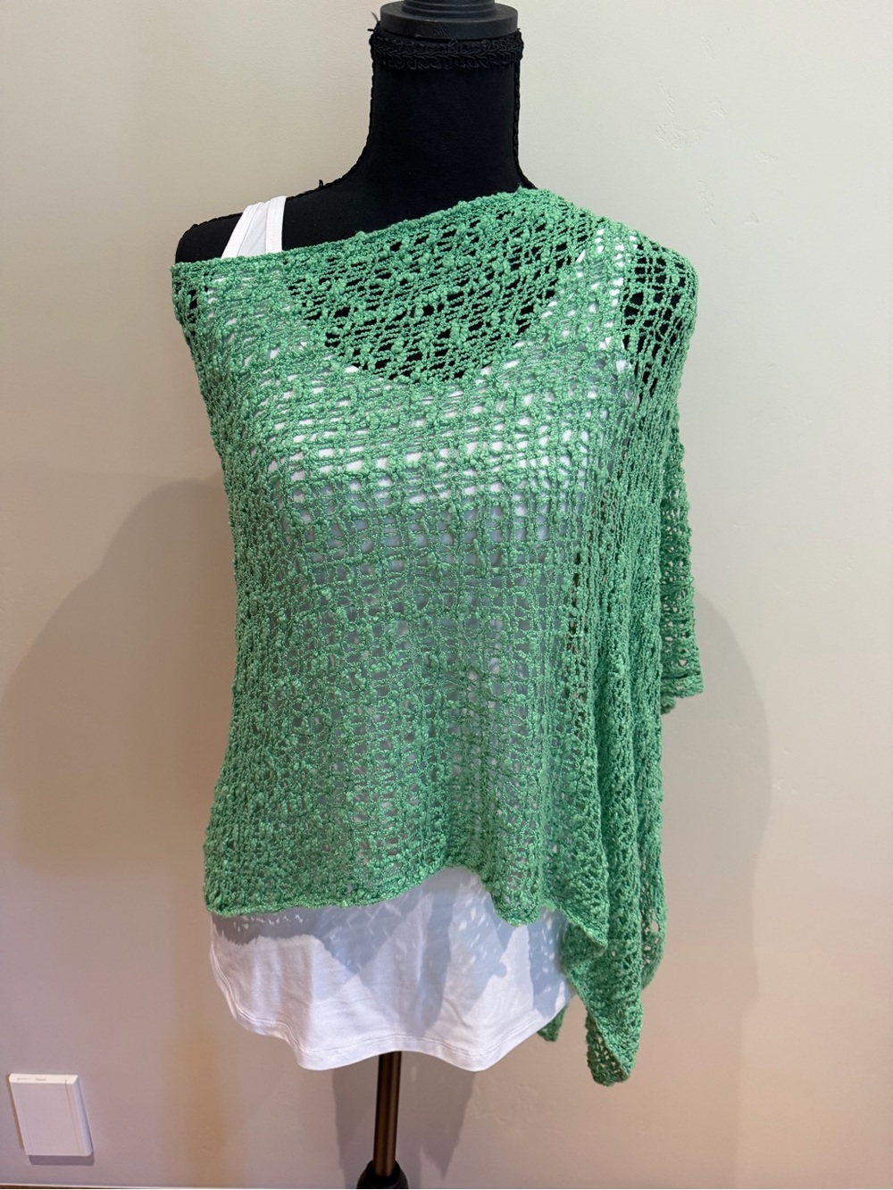 Open-Knit Off-the-Shoulder Sweater Poncho in Green